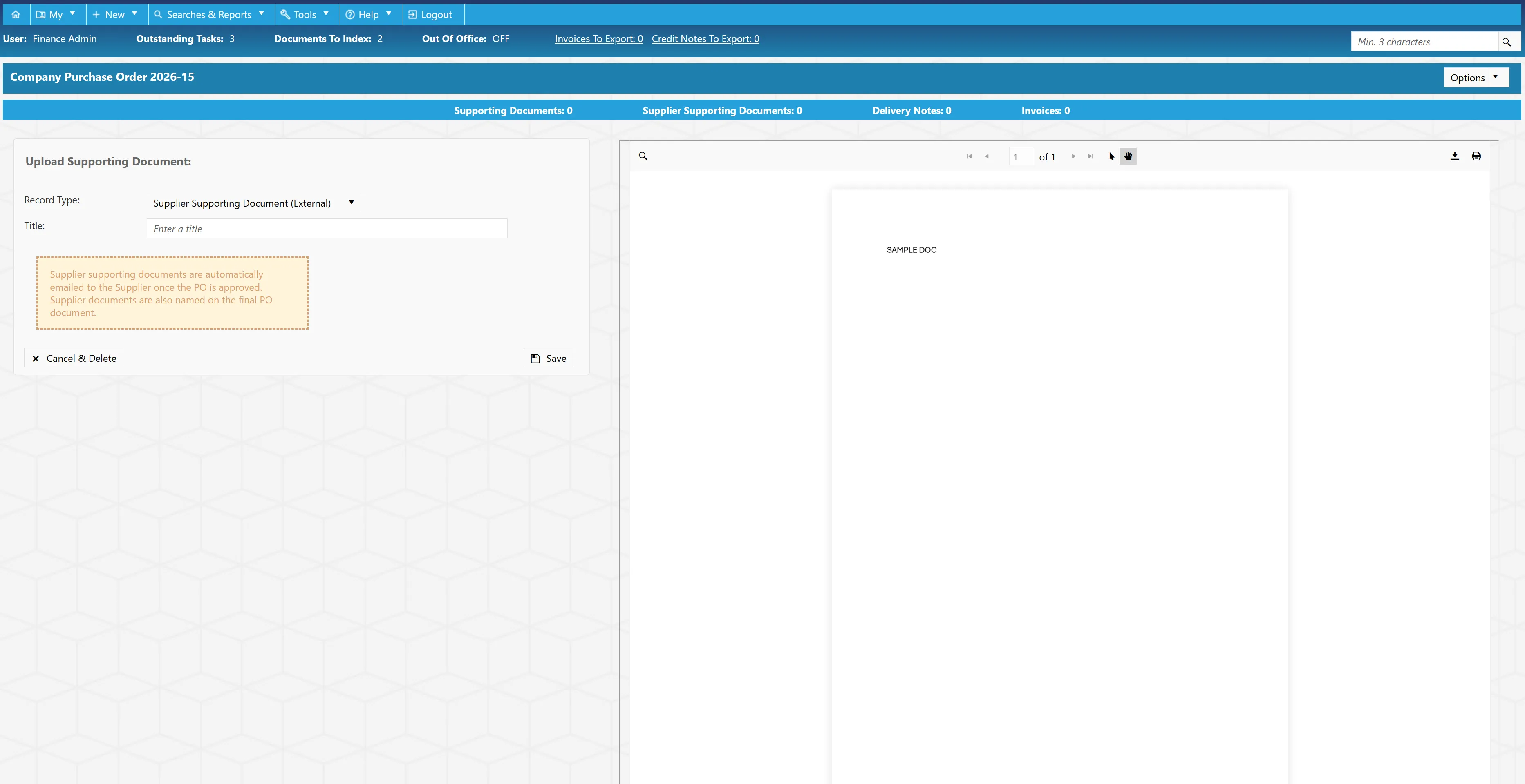 The document will be displayed to allow users to preview before associating it with the purchase order.