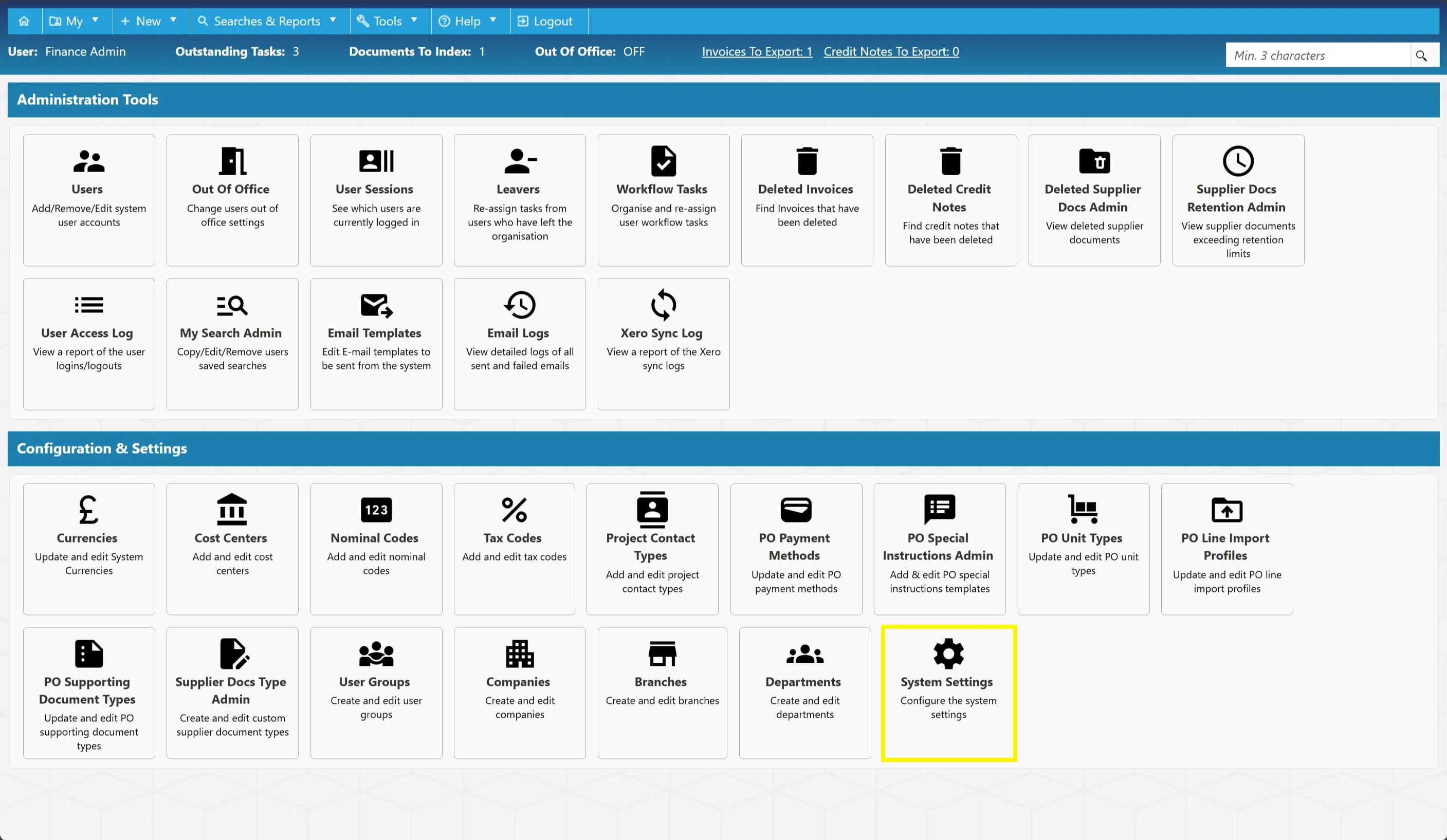 Admin users can configure general system settings within the PO system.