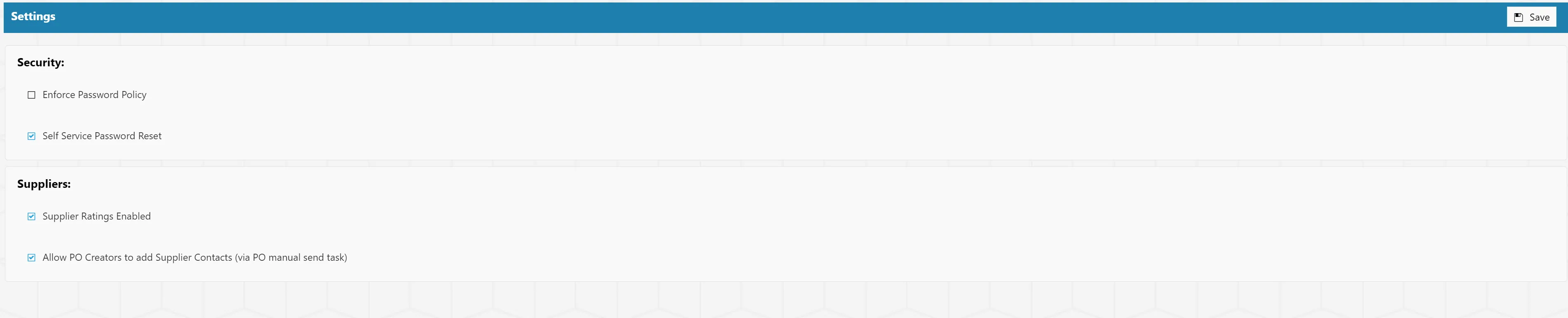 Security and Supplier settings can be changed as required.