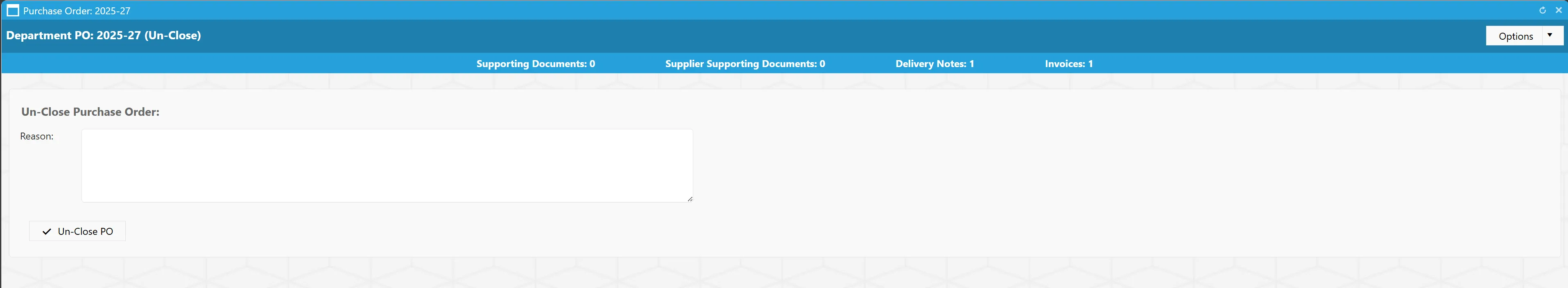 The system requires further fields to be completed prior to reopening the PO.