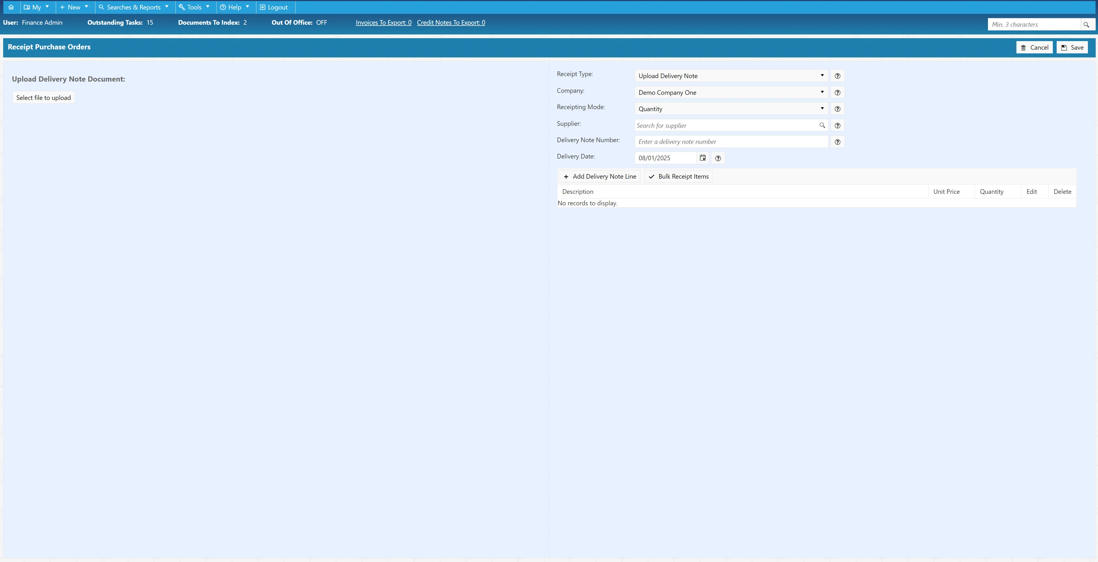 Upload Delivery Note If users have received a delivery note from the supplier, this can be uploaded directly into the system.