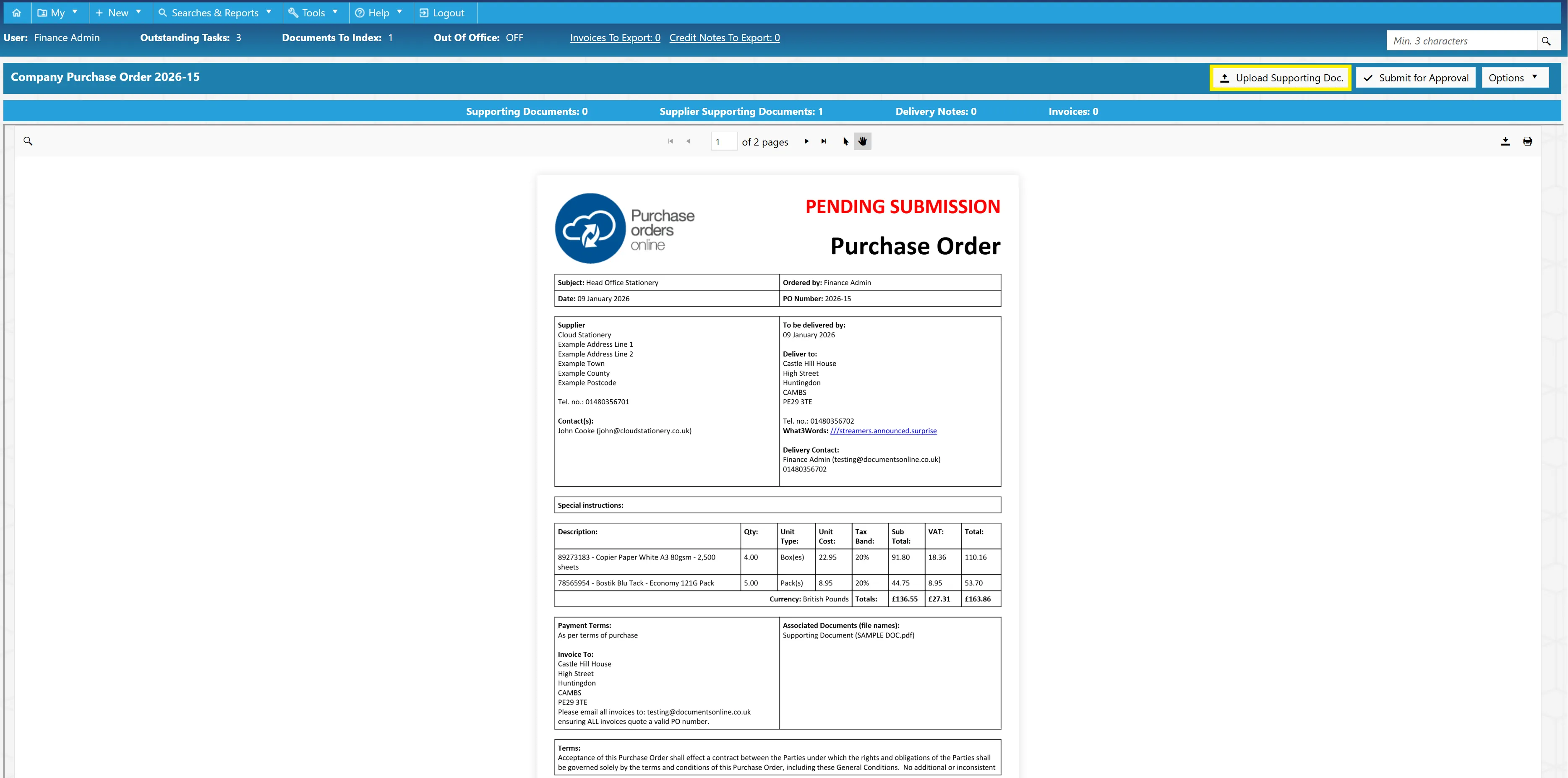 Users can upload supporting documents to accompany purchase orders.