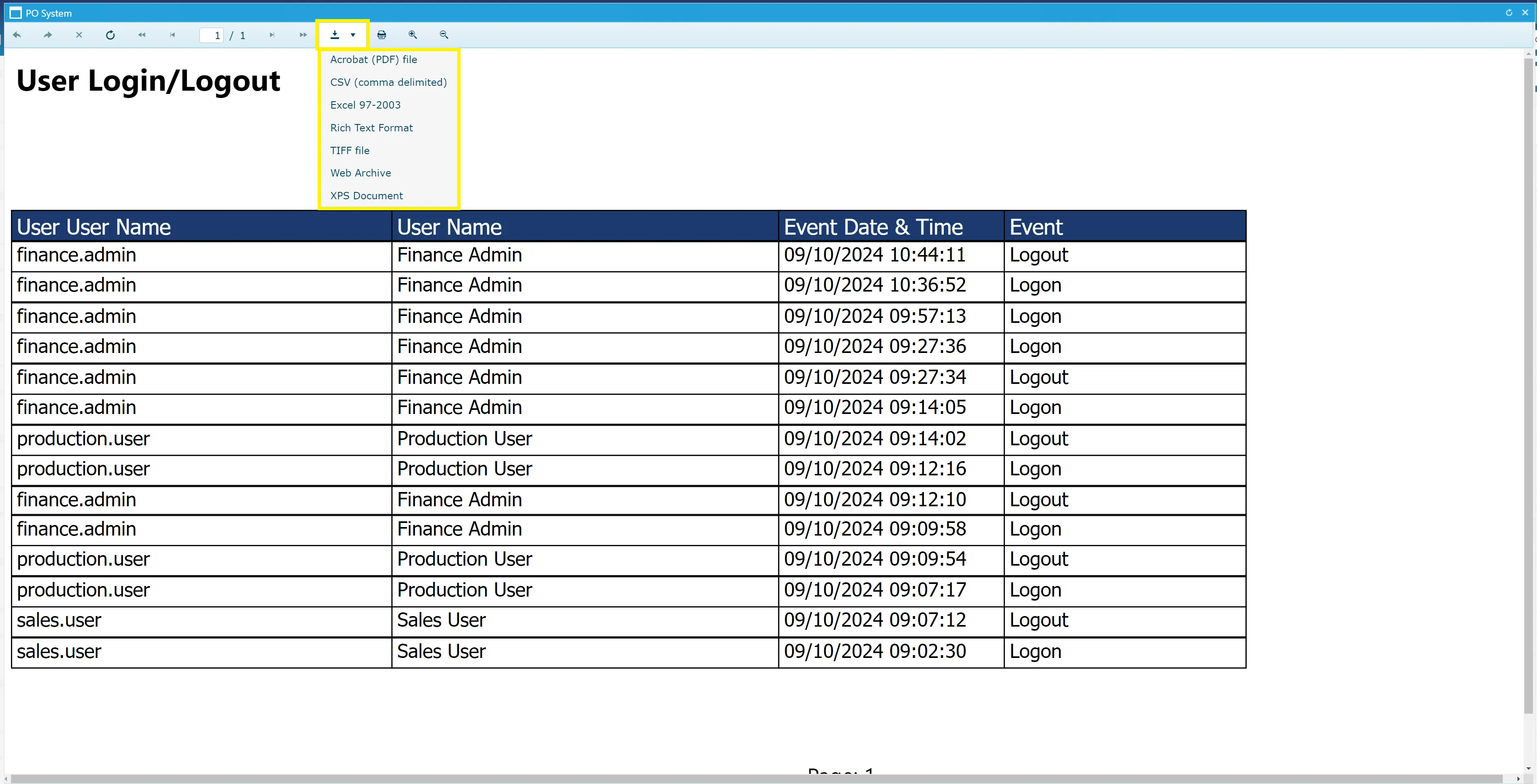User Access Log Download The user access log can be downloaded in a number of formats.