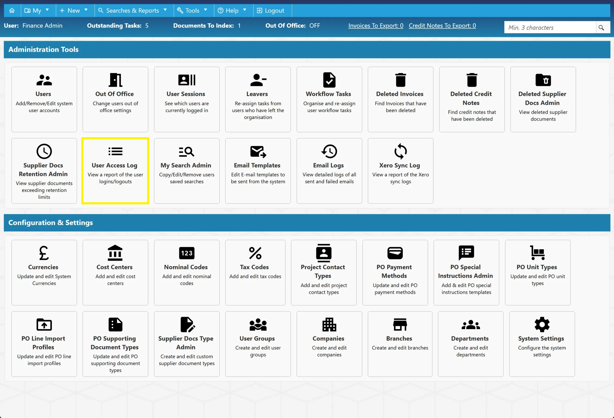 User Access Log The user access log allows admin users to view a report of user logins and logouts within the PO system.