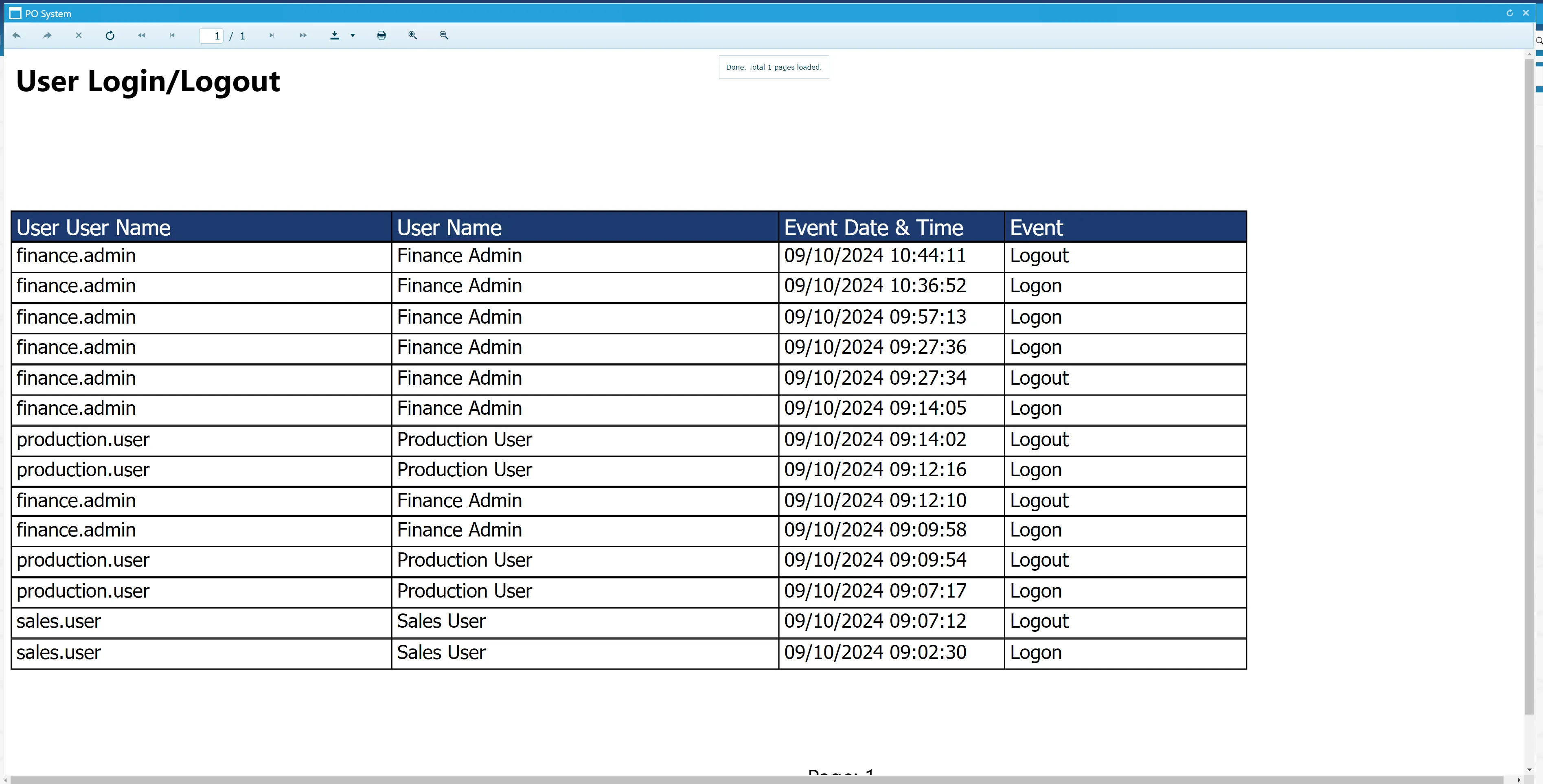 User Access Log Report The user access log is presented in a report with formatted columns.