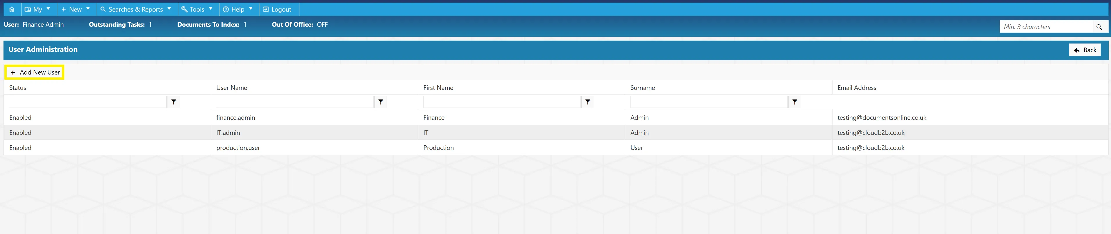 Add New User To add a new users to the PO system, select the Add New User button on the User Admin list.