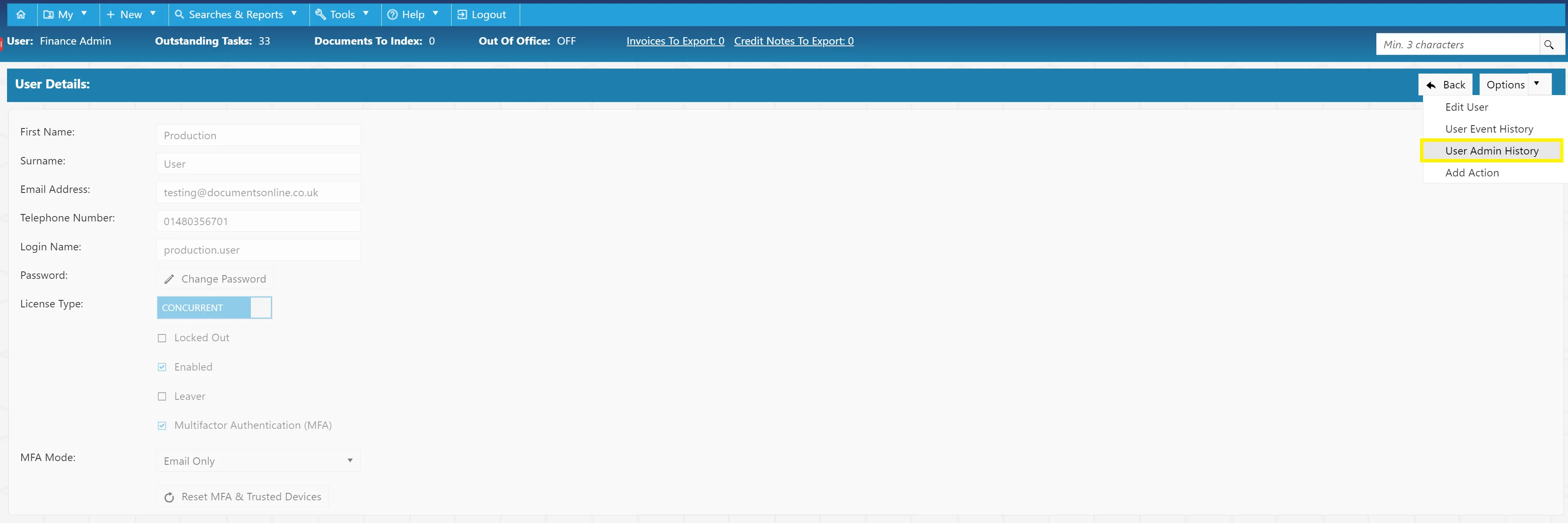 View User Admin History Changes to user accounts are recorded in the User Admin History grid for an audit trail.