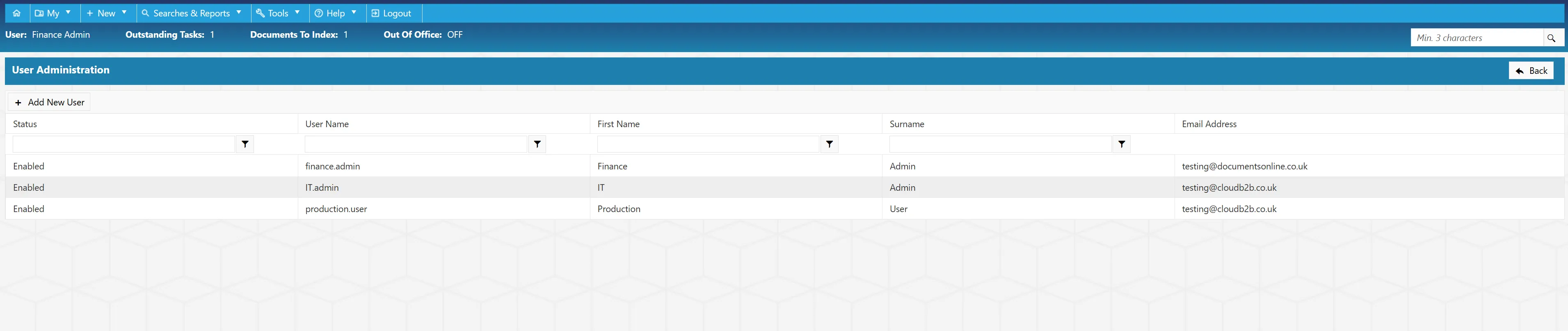 User Admin List The User Admin List displays all users set up within the purchase order system.