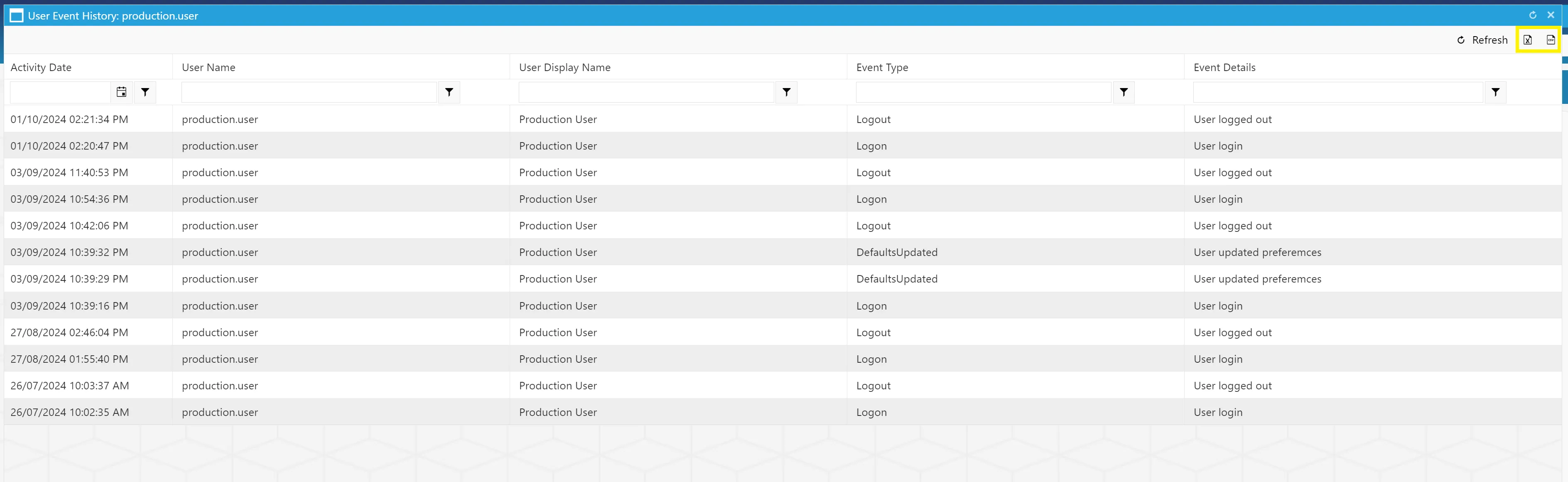 User Event History Grid Events related to user accounts are recorded in the User Event History grid for an audit trail.
