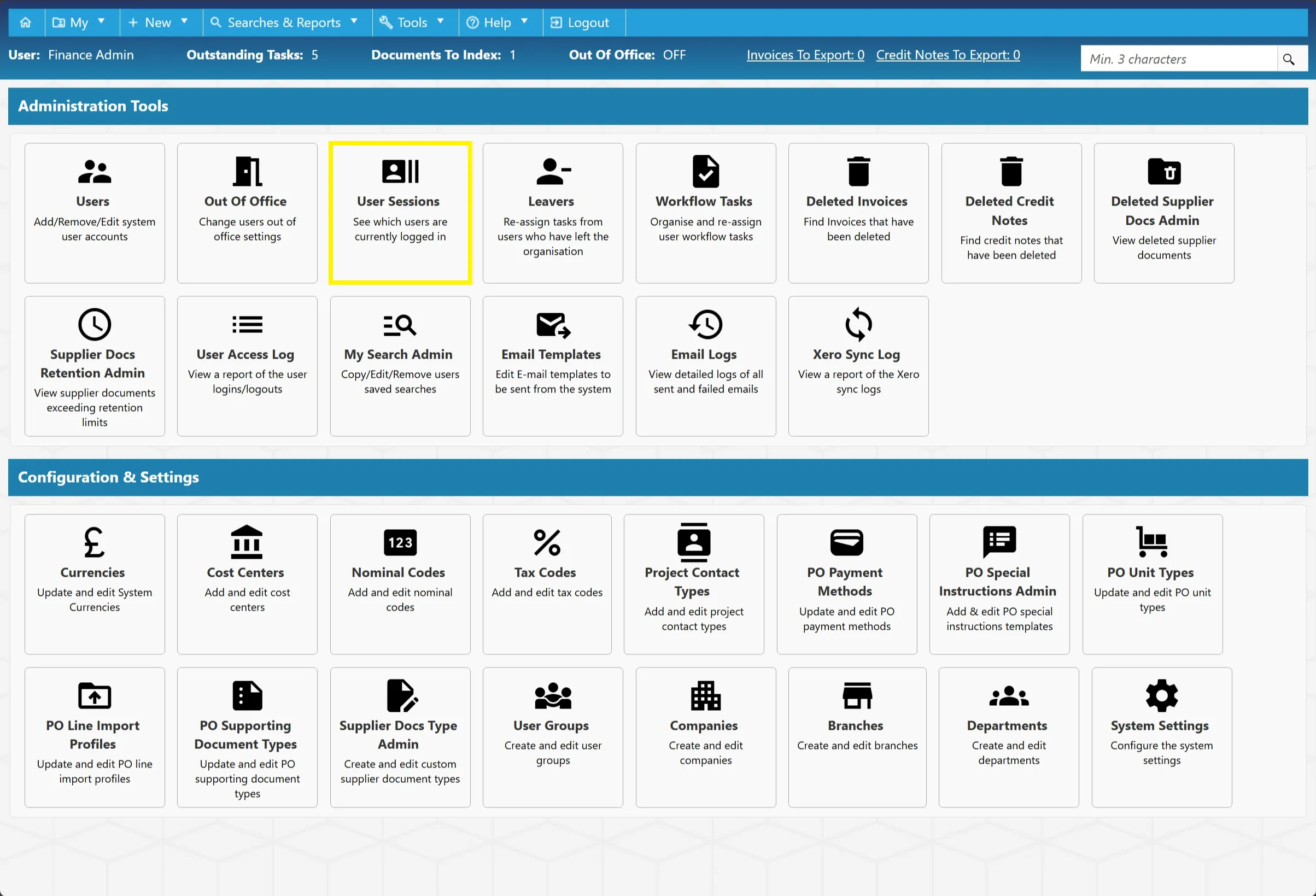 User Sessions User Sessions allows an admin user to see which users are currently logged in and if required, terminate their sessions.