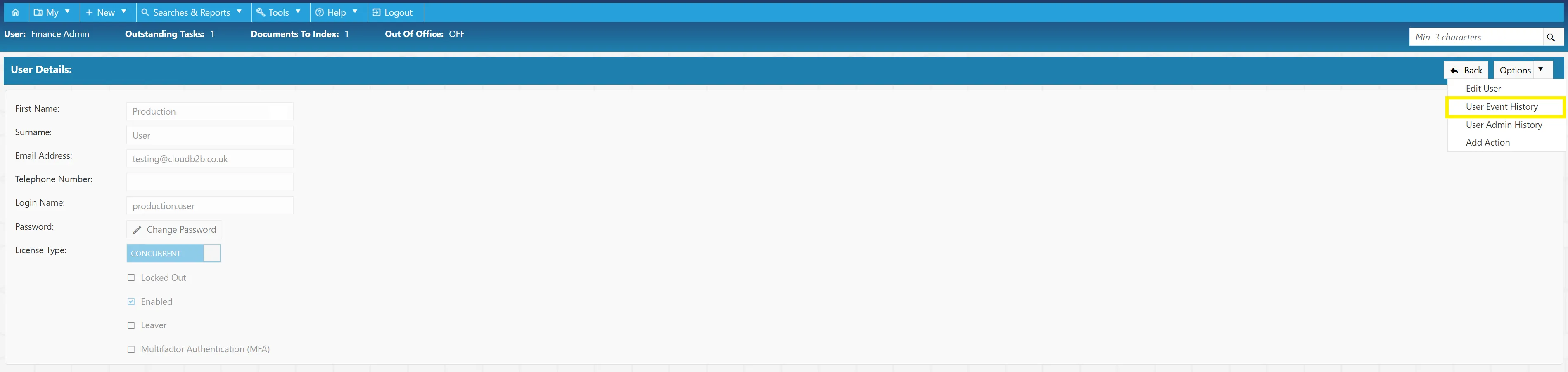 User Event History User Event History can be accessed from the User Details section.