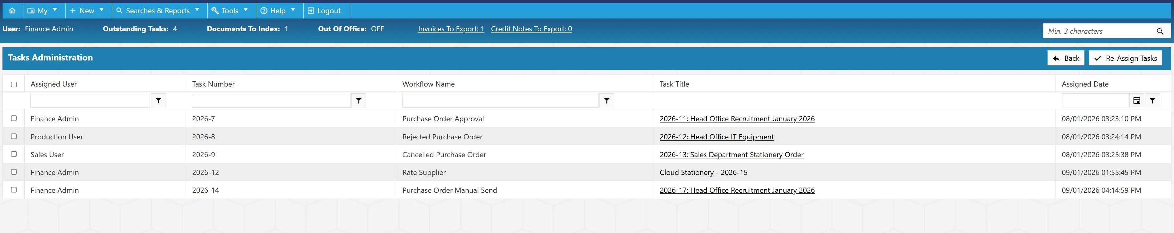 Workflow Tasks The Tasks Administration grid shows all tasks currently assigned to users within PO system.